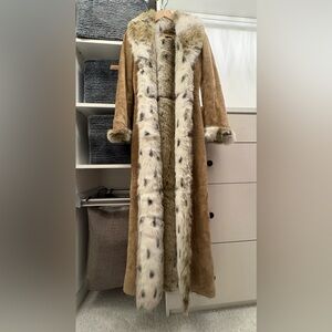Arden B Tan Suede Full Length Teddy Jacket with Animal Print Faux Fur